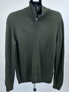 BOSS Hugo Boss Full Zip Sweater Men XL Green Wool Blend Mock Neck Knit